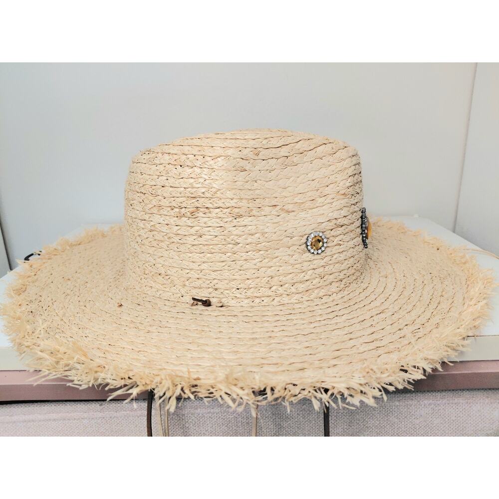 Steve Madden Embellished Straw Sun Hat Frayed Wide Brim Jeweled Boho Beach O/S - Picture 4 of 13